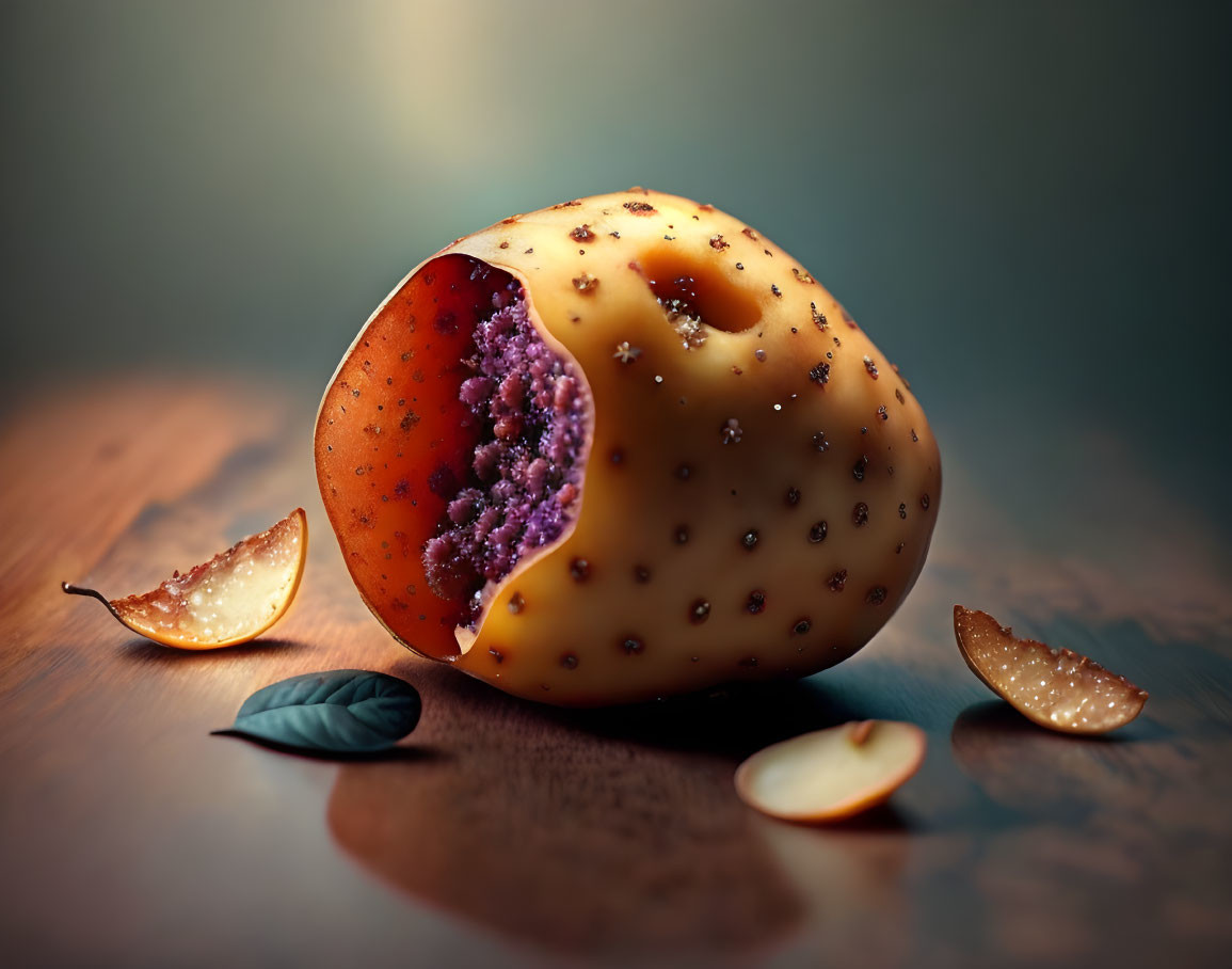 Surreal potato-like object with purple crystalline interior, sliced figs, and leaf on wooden