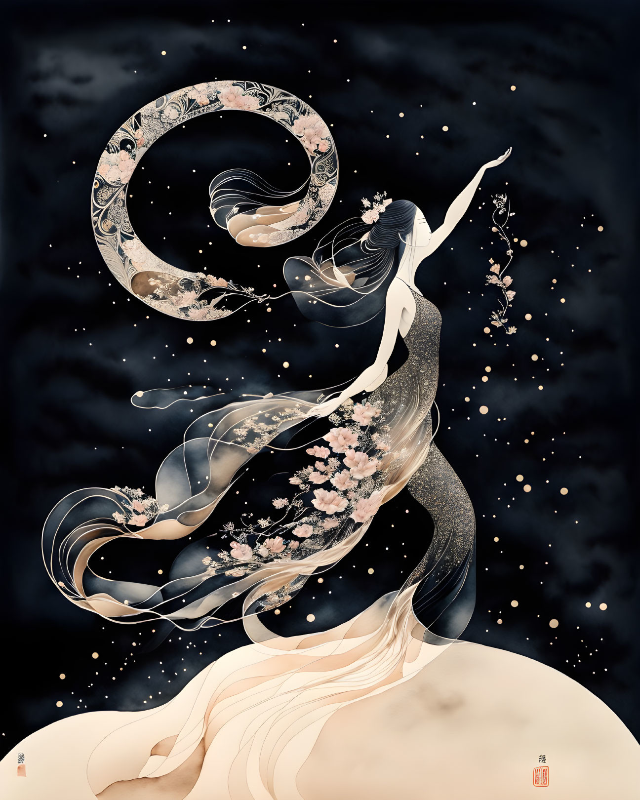 Illustration of woman with flowing garments and hair, surrounded by flowers, stars, and crescent moon