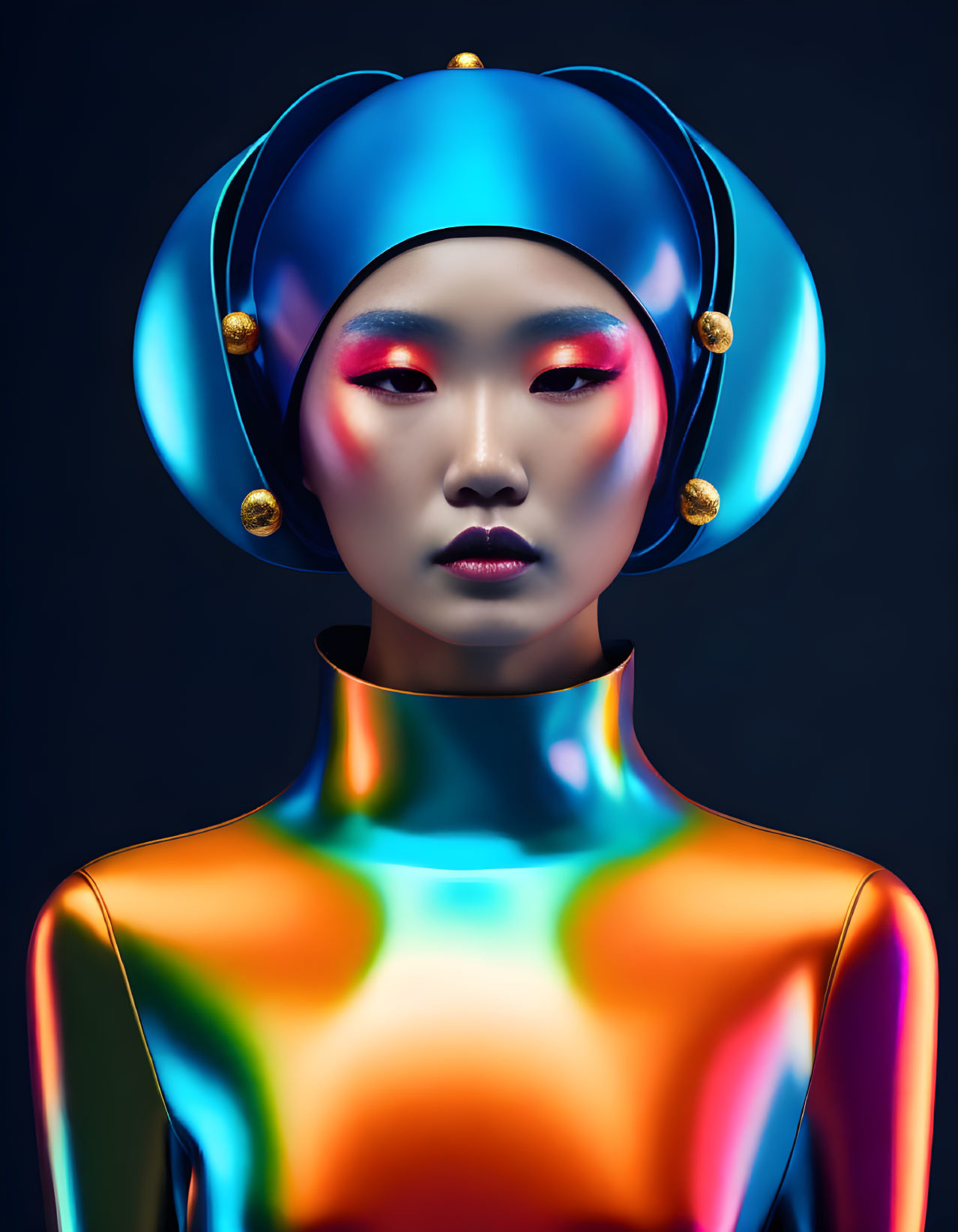 Reflective body paint and futuristic blue headpiece with golden spheres on person against dark background.