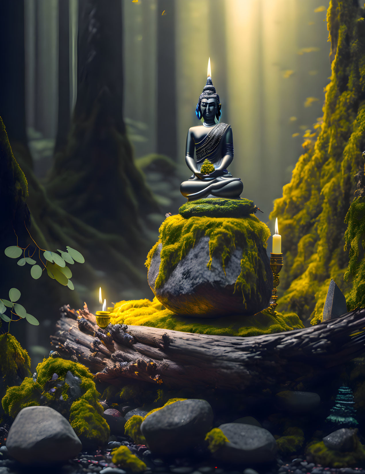 Buddha statue on mossy rock with candles in mystical forest