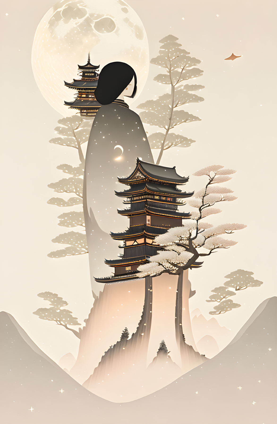 Japanese pagoda on snowy mountain under large moon in warm colors