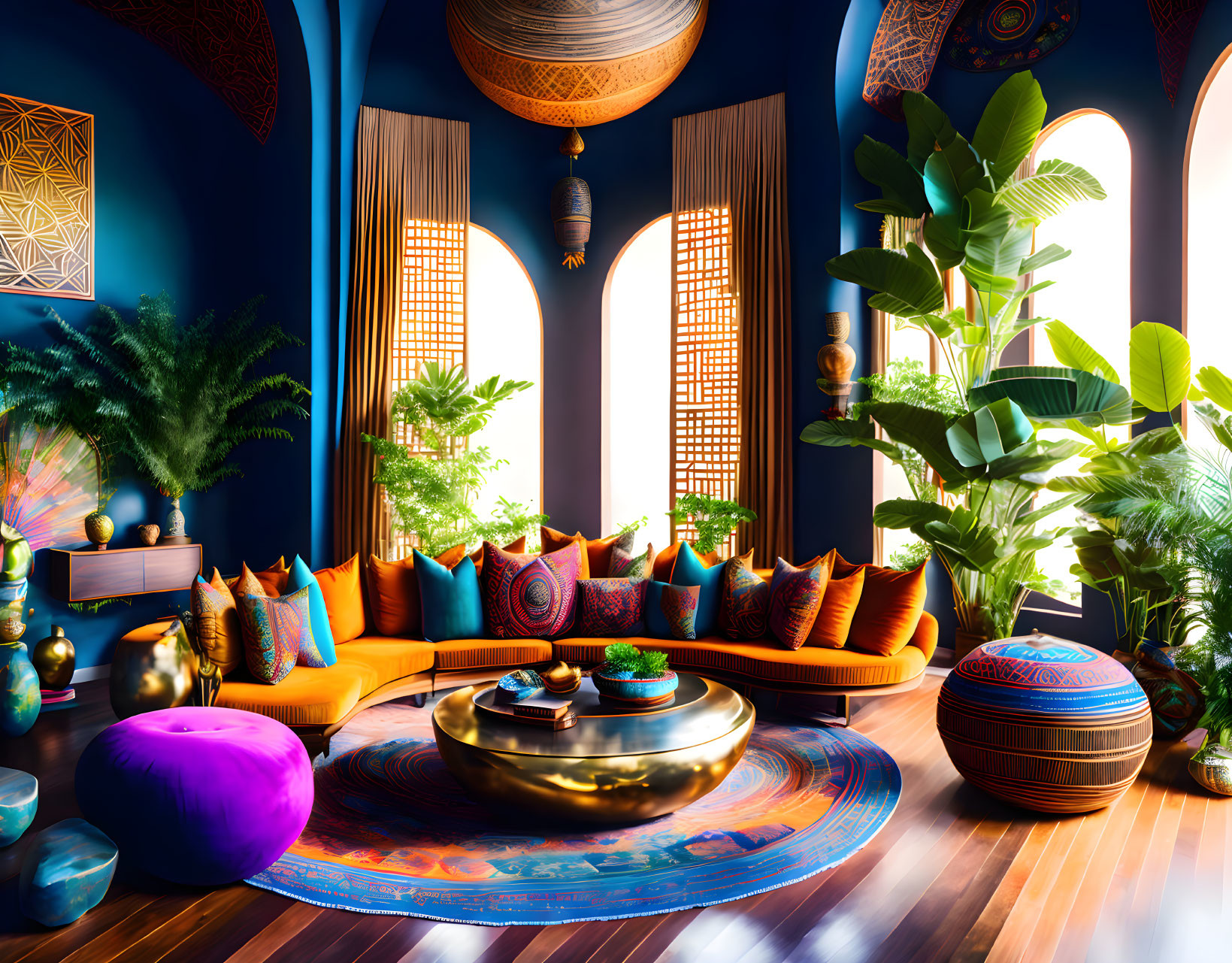 Colorful Bohemian Living Room with Circular Couch & Ornate Decor