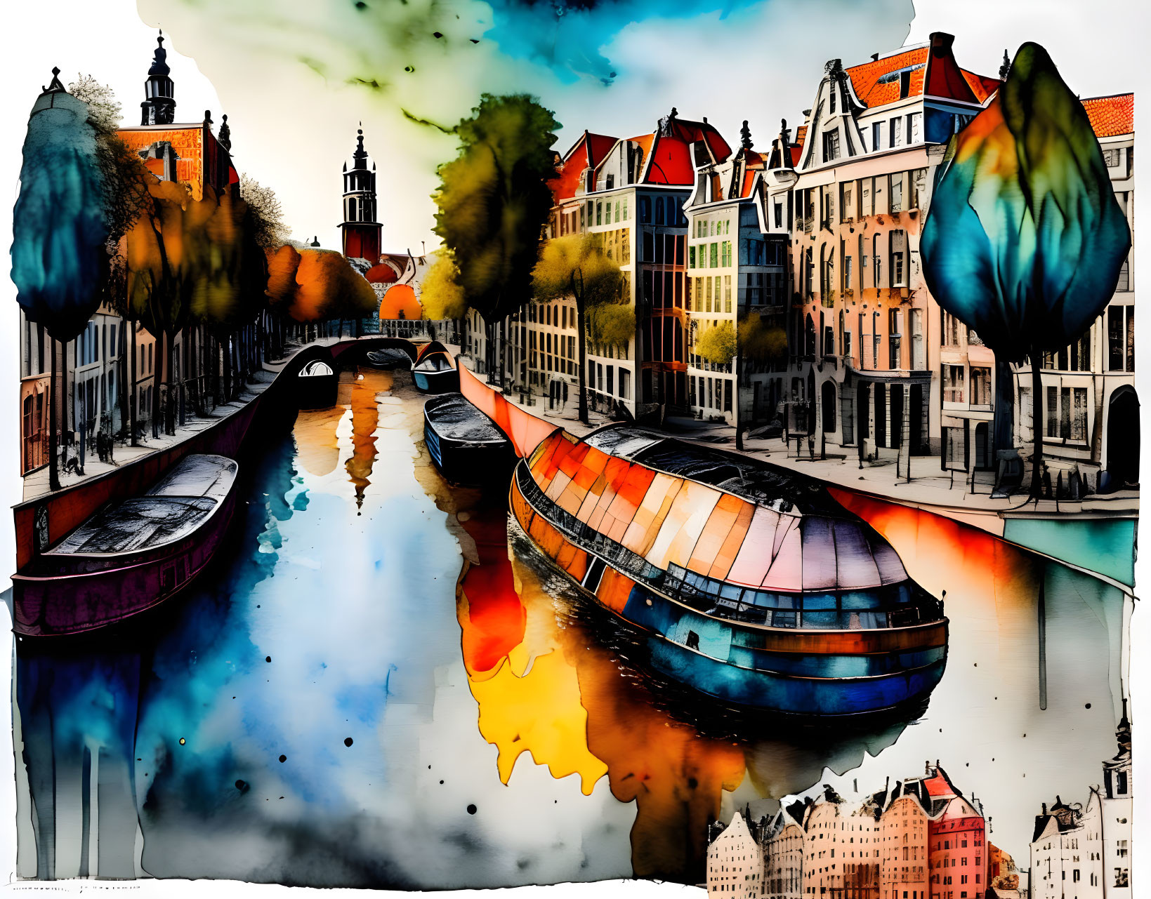 Vibrant canal cityscape with boat and reflections