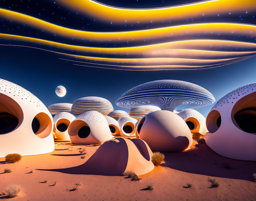 Futuristic desert landscape with domed structures and moonlit sky