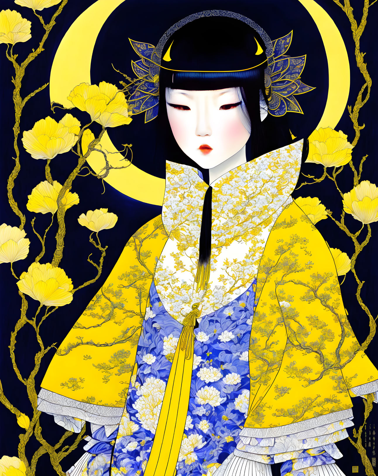 Illustrated woman in traditional Asian attire with moon halo and golden flowers on dark background