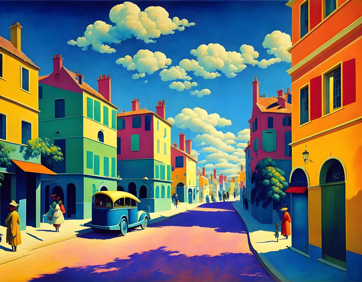 Colorful street scene with people, vintage car, and whimsical clouds