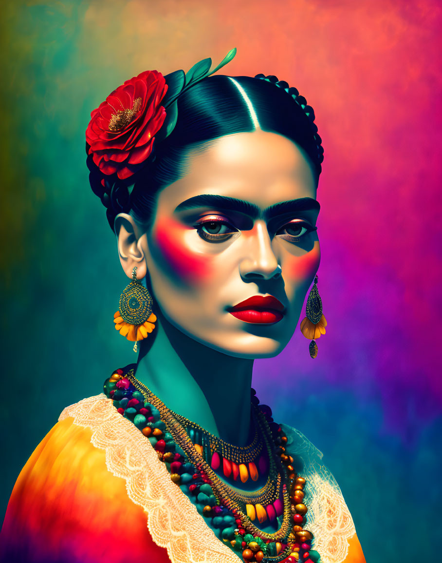 Colorful portrait of a woman with red flower, bold makeup, and traditional jewelry on vibrant background