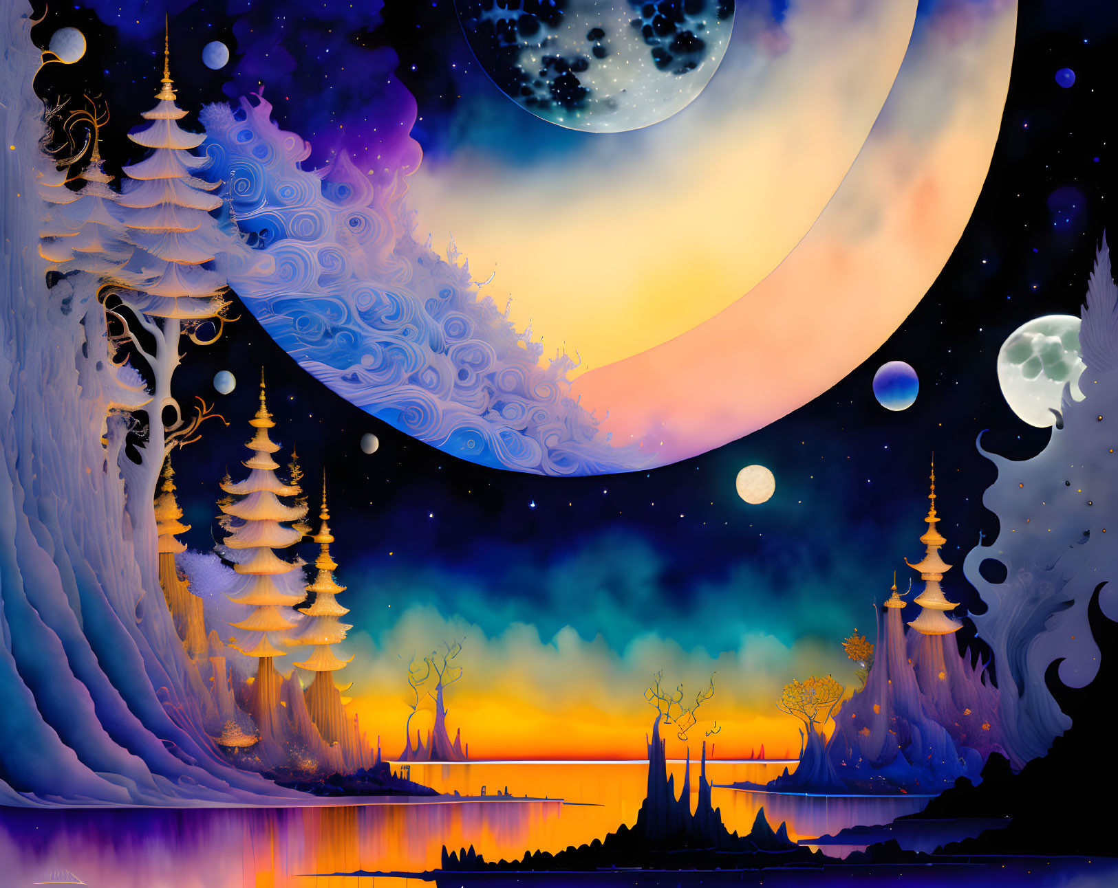 Vibrant sunset over fantasy landscape with silhouetted trees and celestial bodies