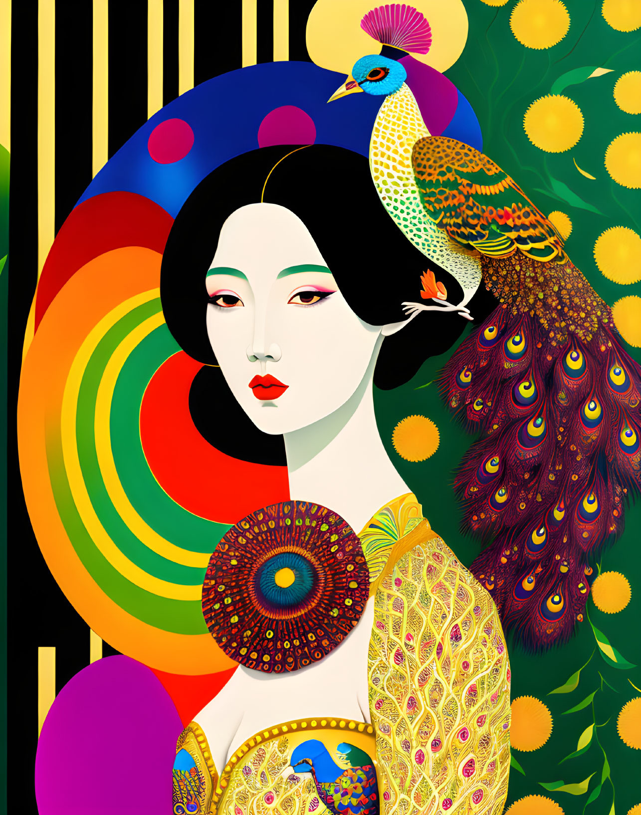 Stylized portrait of woman with pale skin, red lips, and peacock against vibrant background.