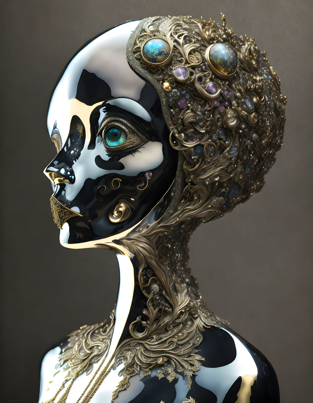 3D rendering of humanoid figure with skull-like face and galaxy-themed design