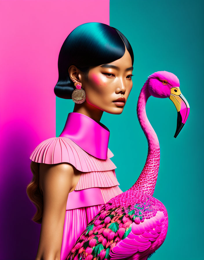 Blue-haired woman with pink flamingo on pink and teal background in ruffled dress.