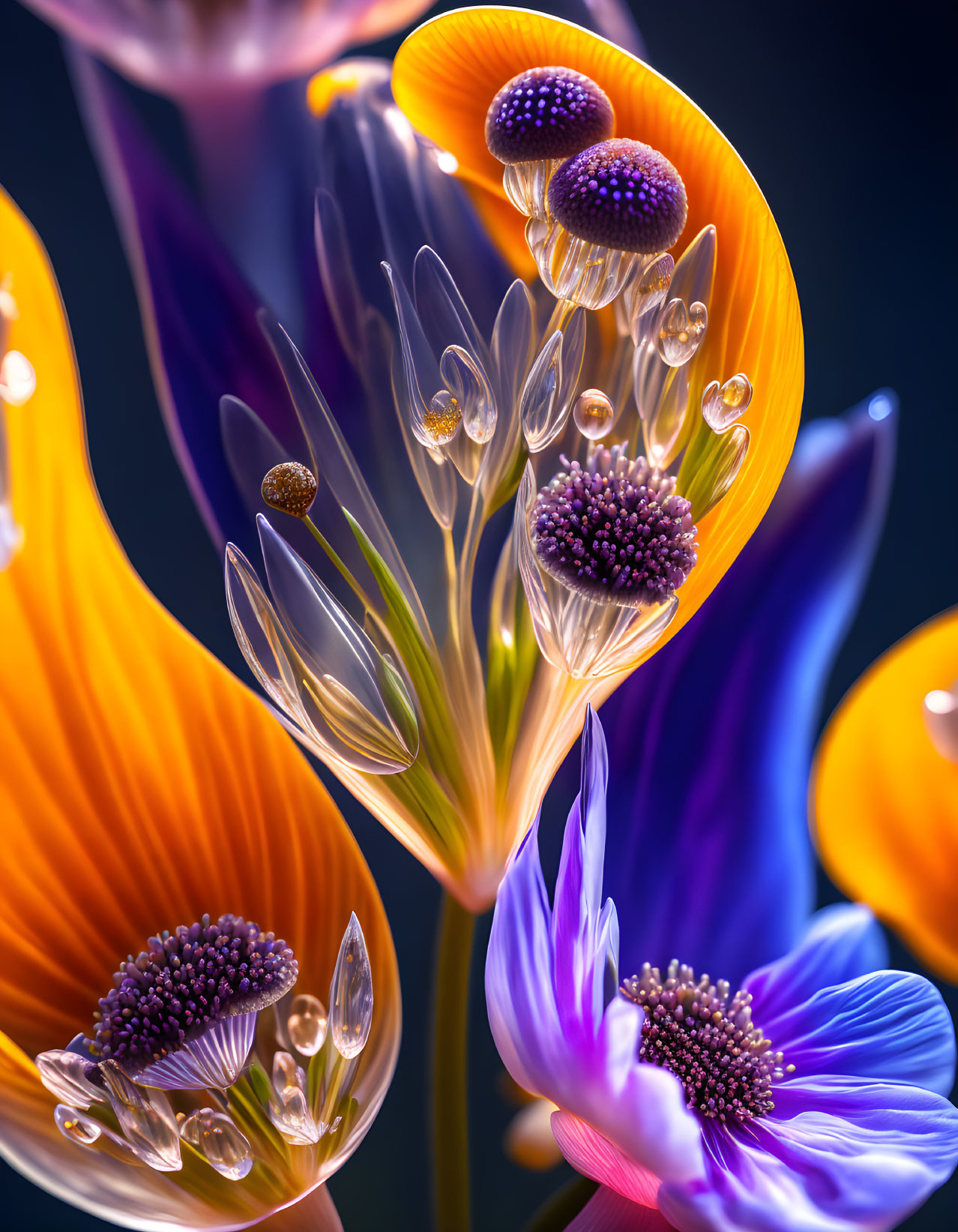 Colorful digital artwork featuring glossy orange and purple flowers with dewdrops.