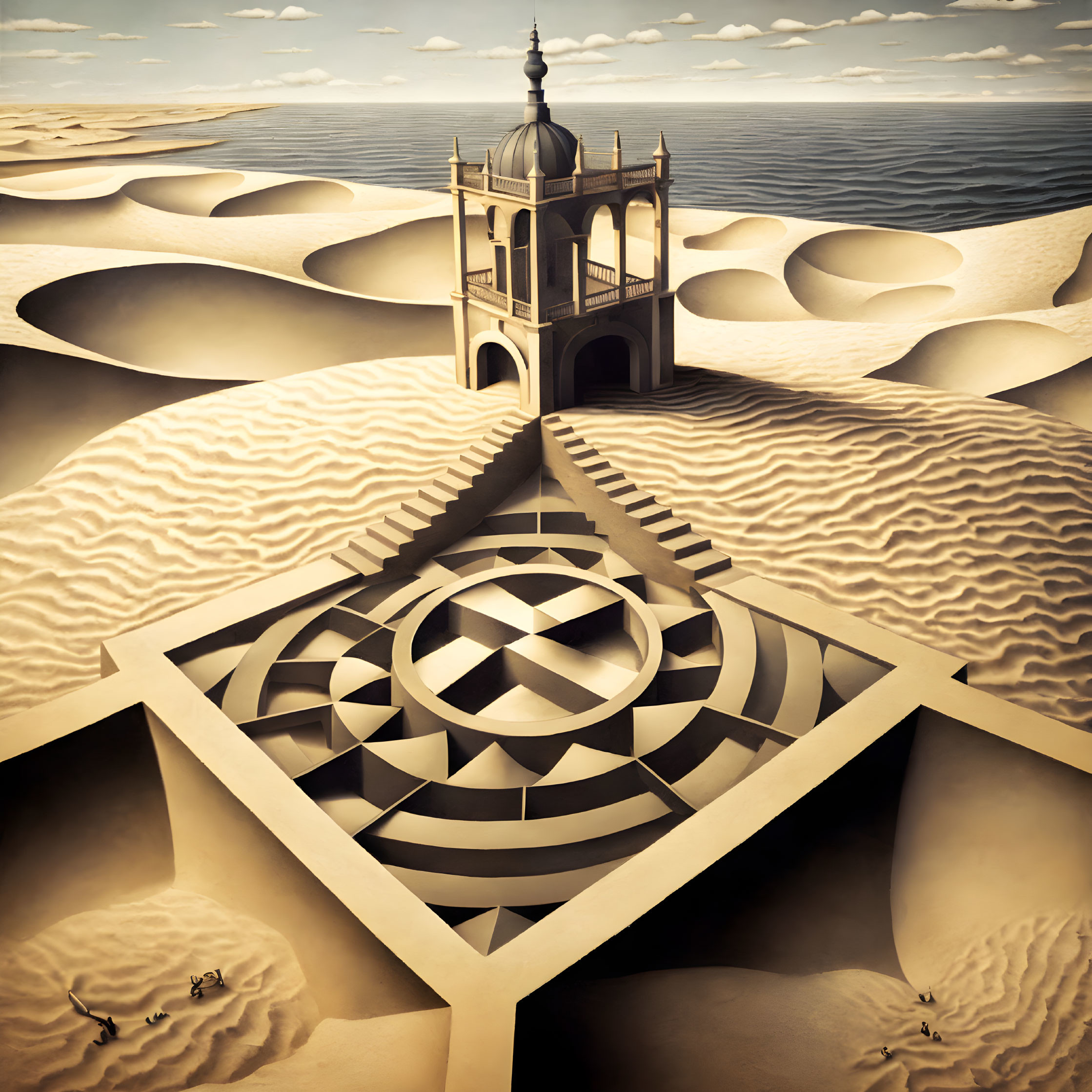 Surreal landscape with checkerboard pit, palace-like structure, and wavy sand dunes