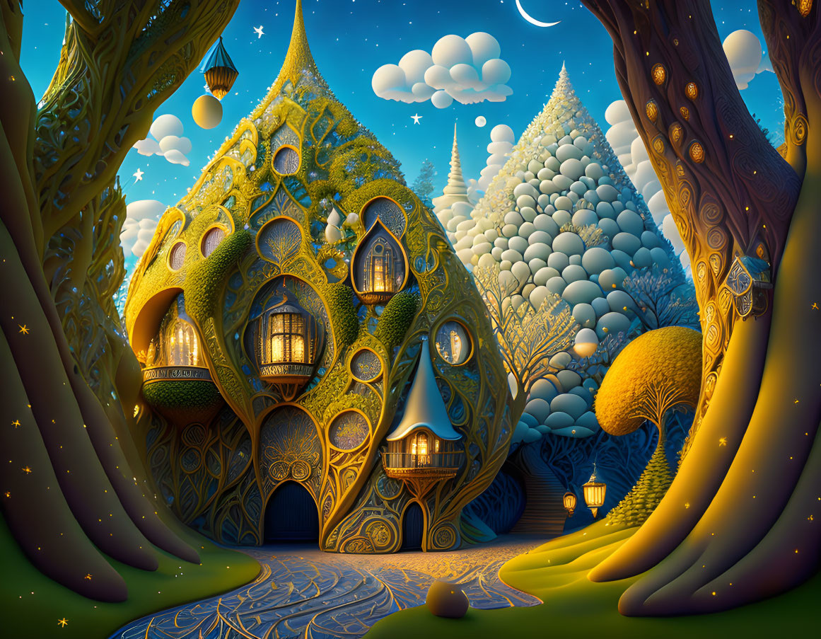 Vibrant night scene of a whimsical treehouse in oversized foliage