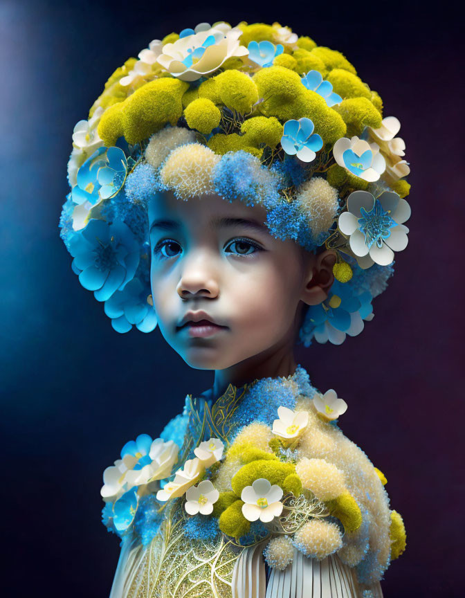 Young child in floral headdress against blue backdrop