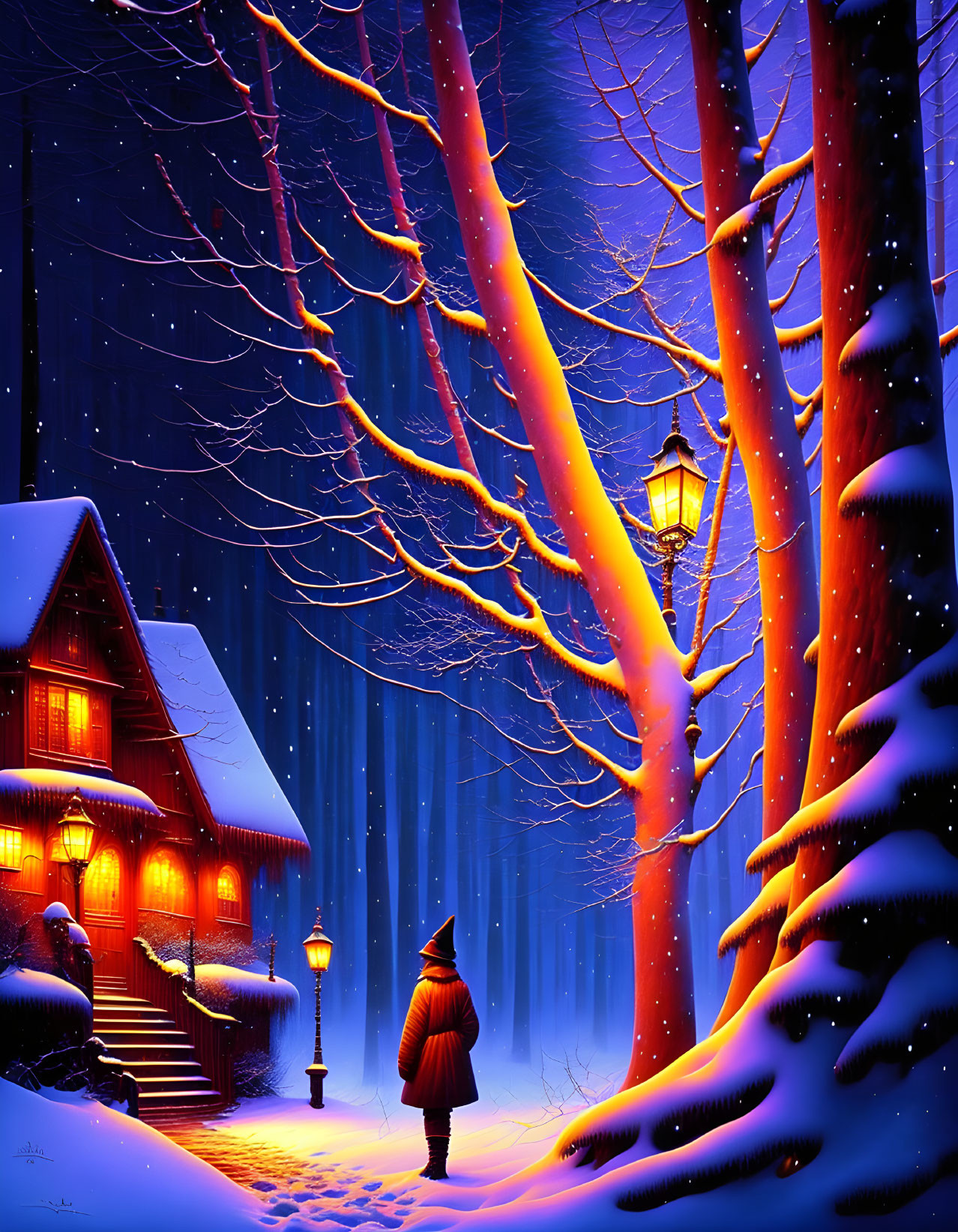 Winter scene: Person in coat near snow path to cozy house under starry sky