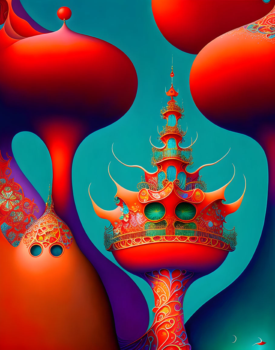 Colorful surreal artwork: Ornate pagoda structure on red and blue background