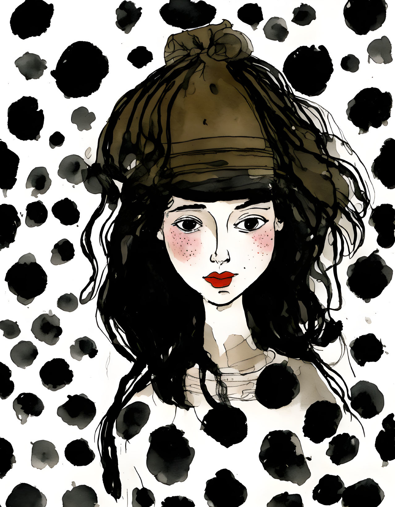 Girl with Wavy Hair in Beanie Surrounded by Black Inkblots