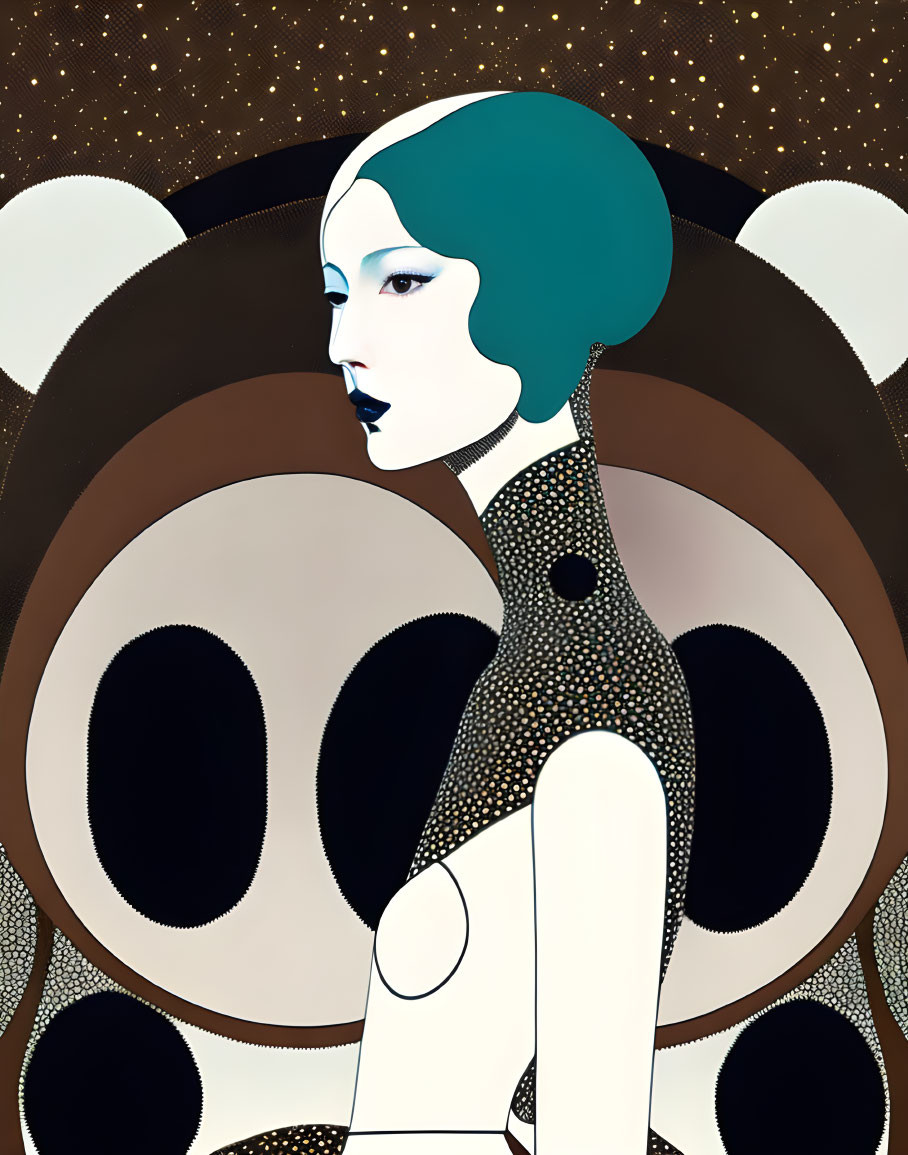 Art Deco-style illustration of woman with pale skin, dark lips, green bob haircut, geometric background