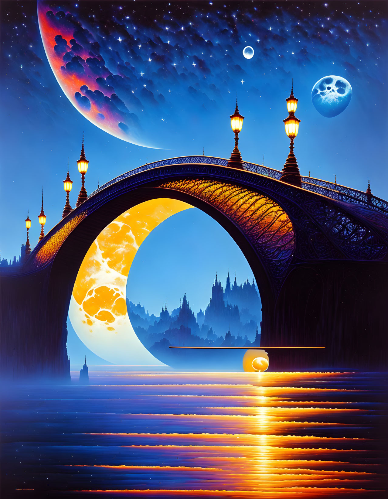 Fantastical landscape with glowing arch bridge, multiple moons, starry sky, and silhouet