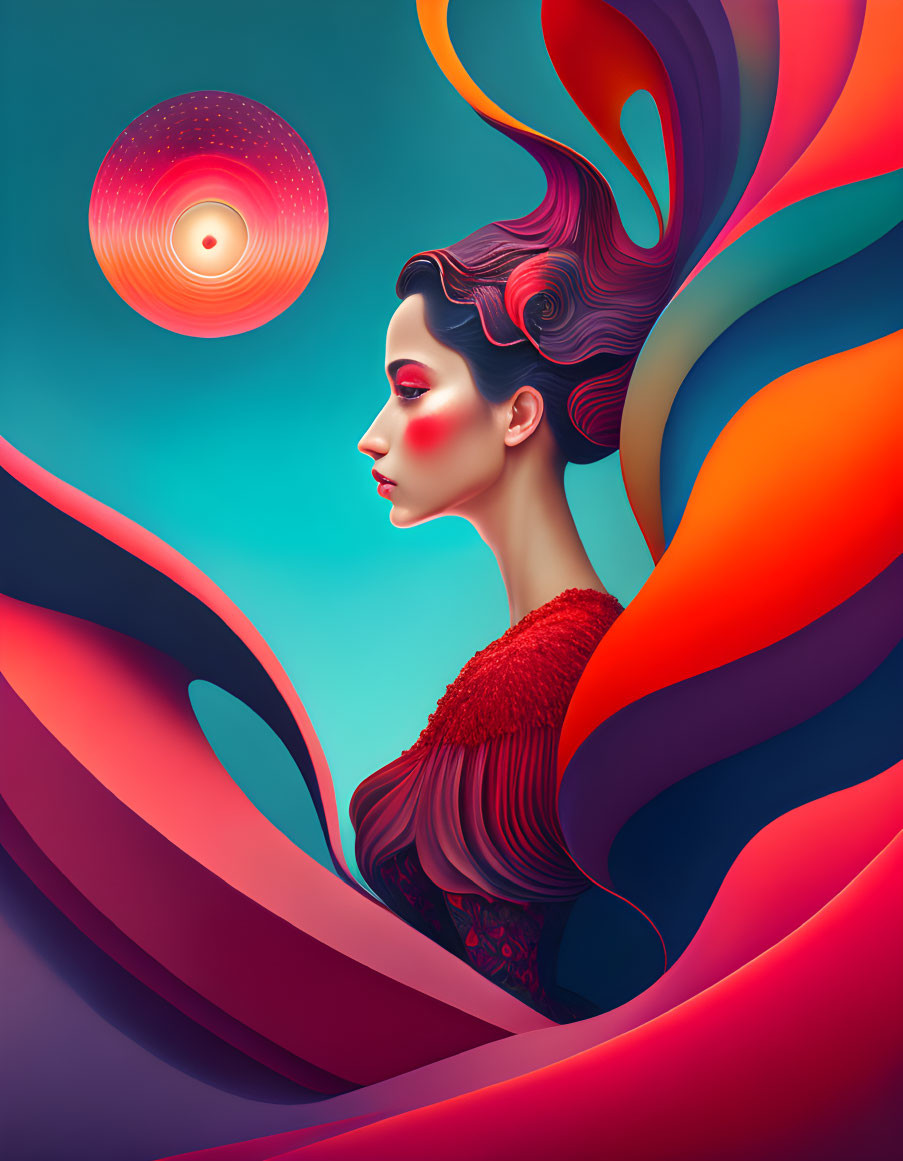 Colorful Swirling Hair Portrait in Red, Orange, and Blue