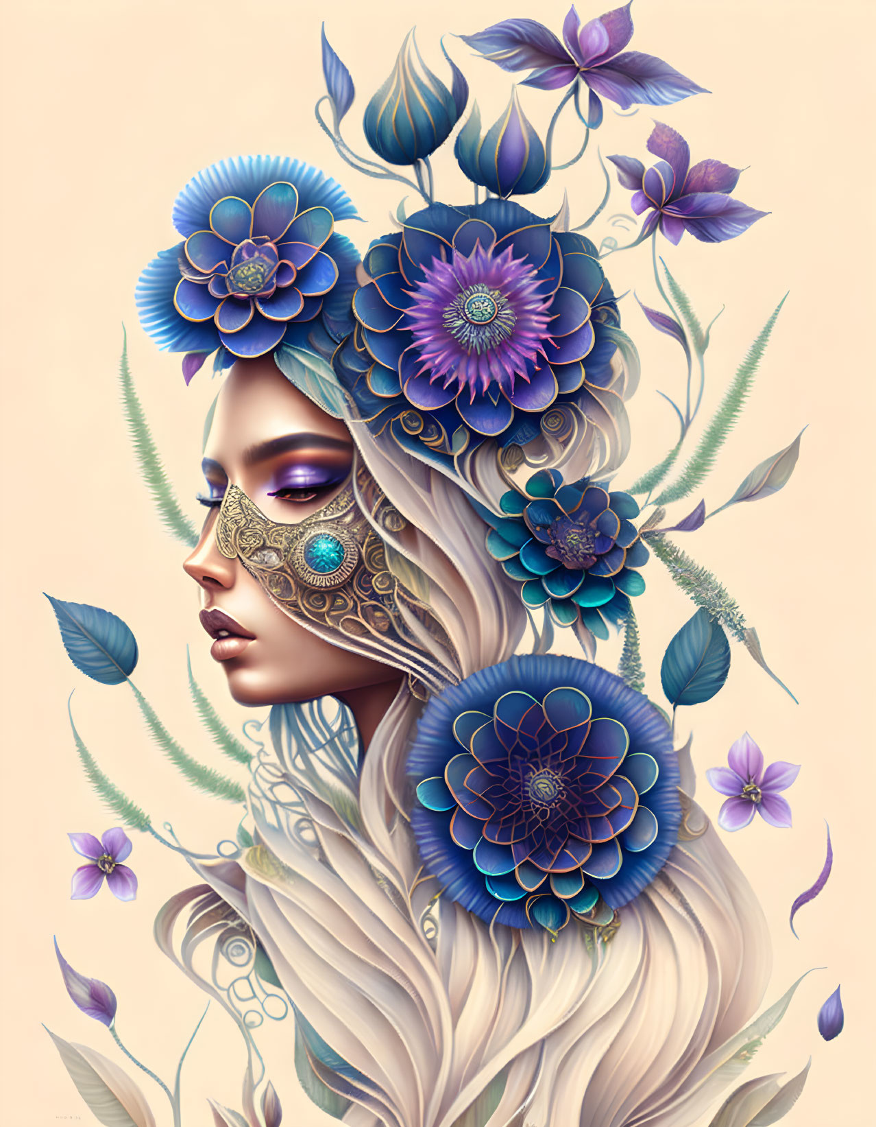 Illustrated woman with long white hair and floral crown in golden masquerade mask