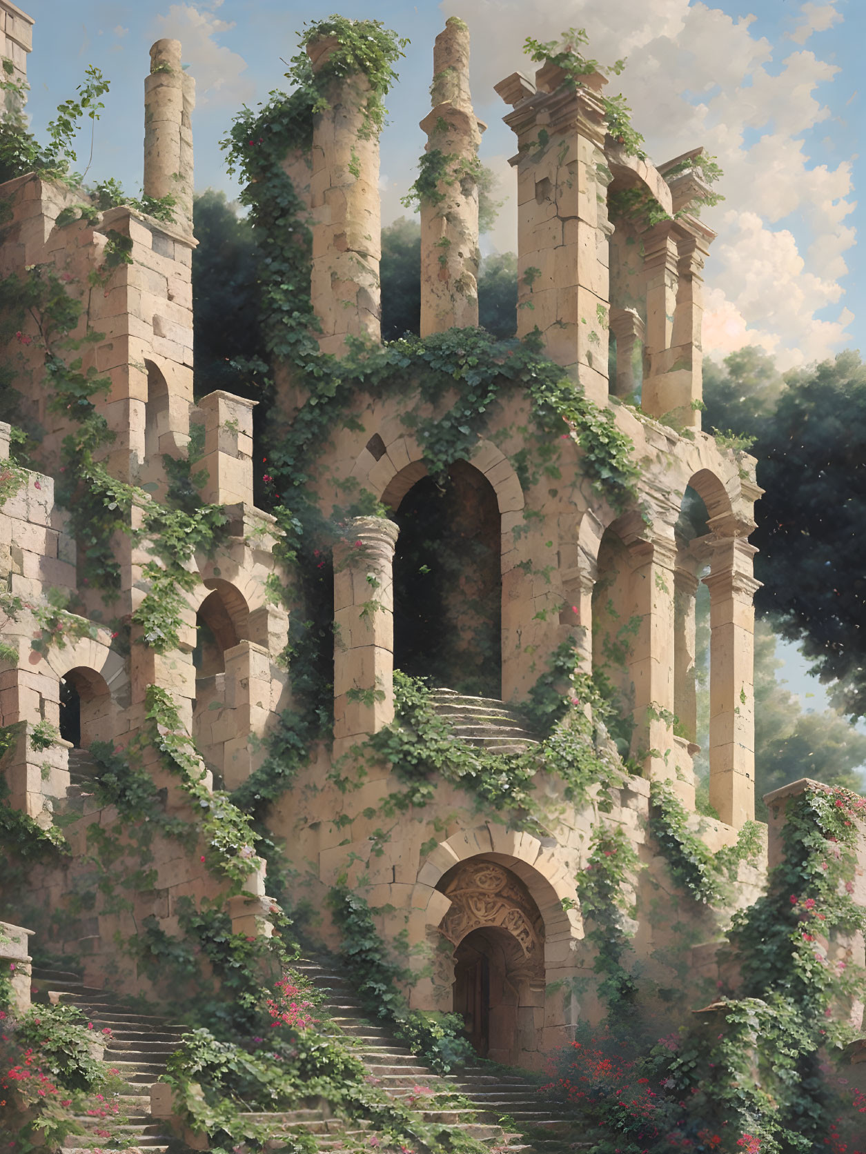 Ancient Stone Structure with Ivy, Archways, and Columns in Soft Light