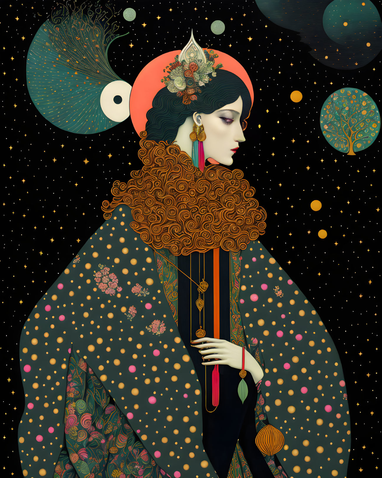 Illustrated woman with ornate headdress on starry celestial background