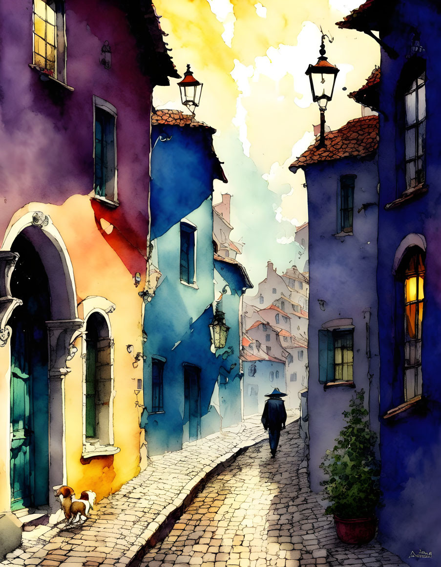 Colorful Watercolor Illustration of Cobblestone Street & Figure with Dog