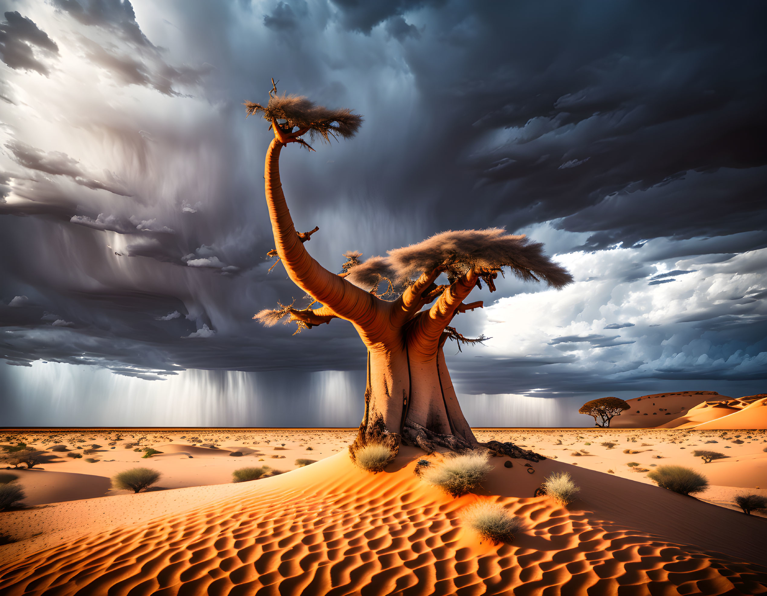 Barren desert scene: baobab tree, stormy sky, rain shower, orange dunes