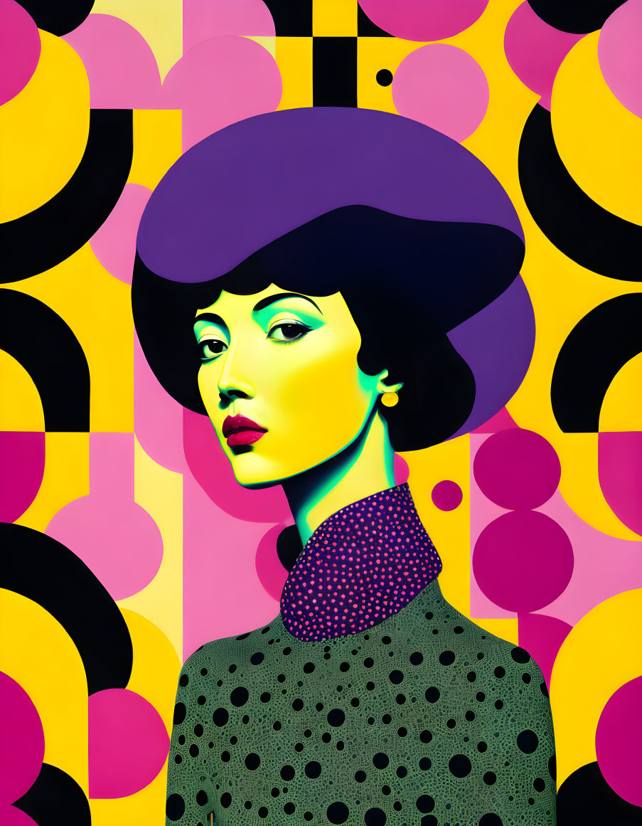 Stylized woman with bob haircut in polka-dotted outfit on vibrant geometric background