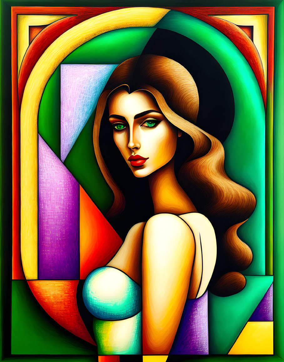 Vibrant Cubist-style Woman Portrait with Geometric Shapes