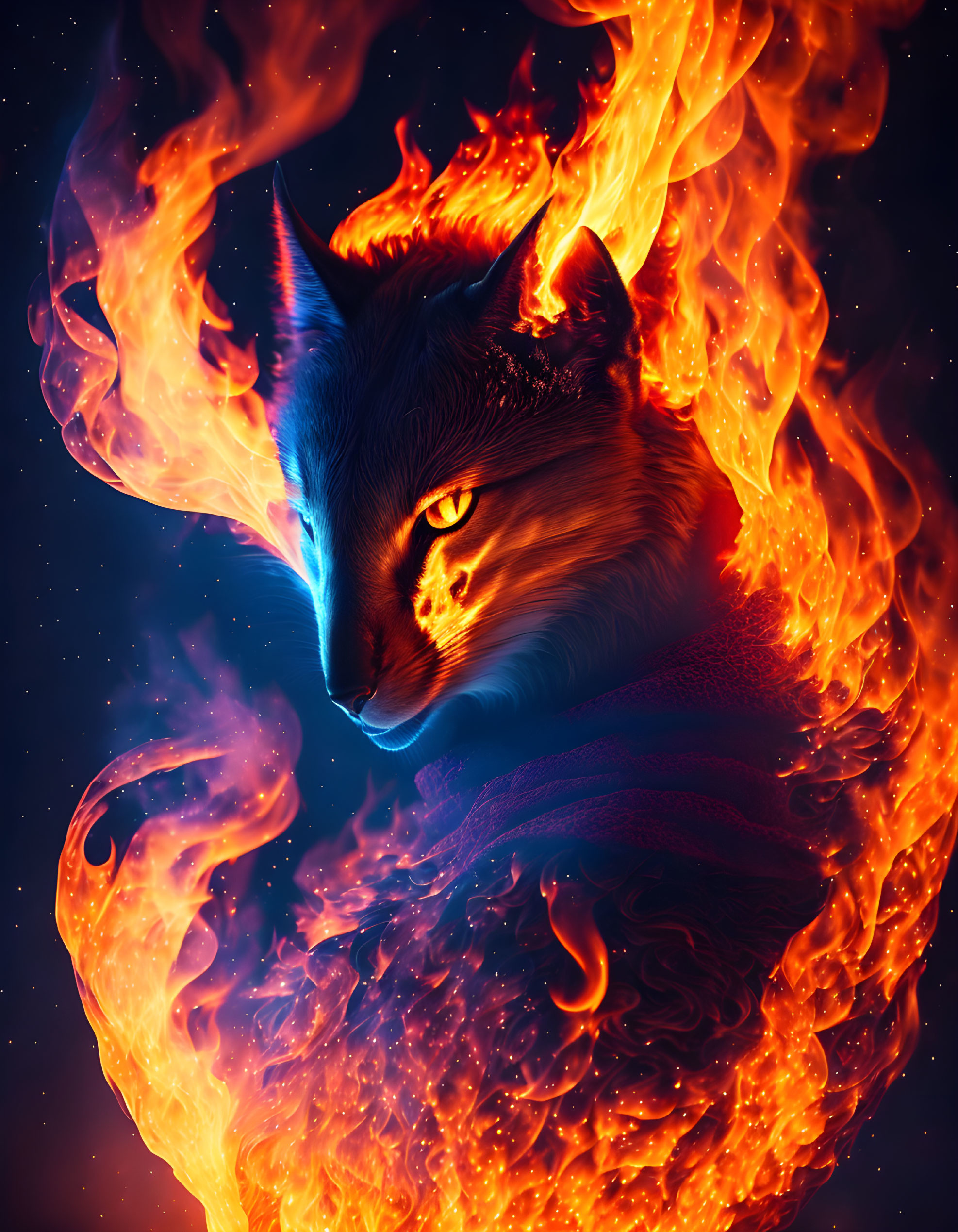 Digital artwork: Cat in stylized flames with glowing blue eyes on dark backdrop