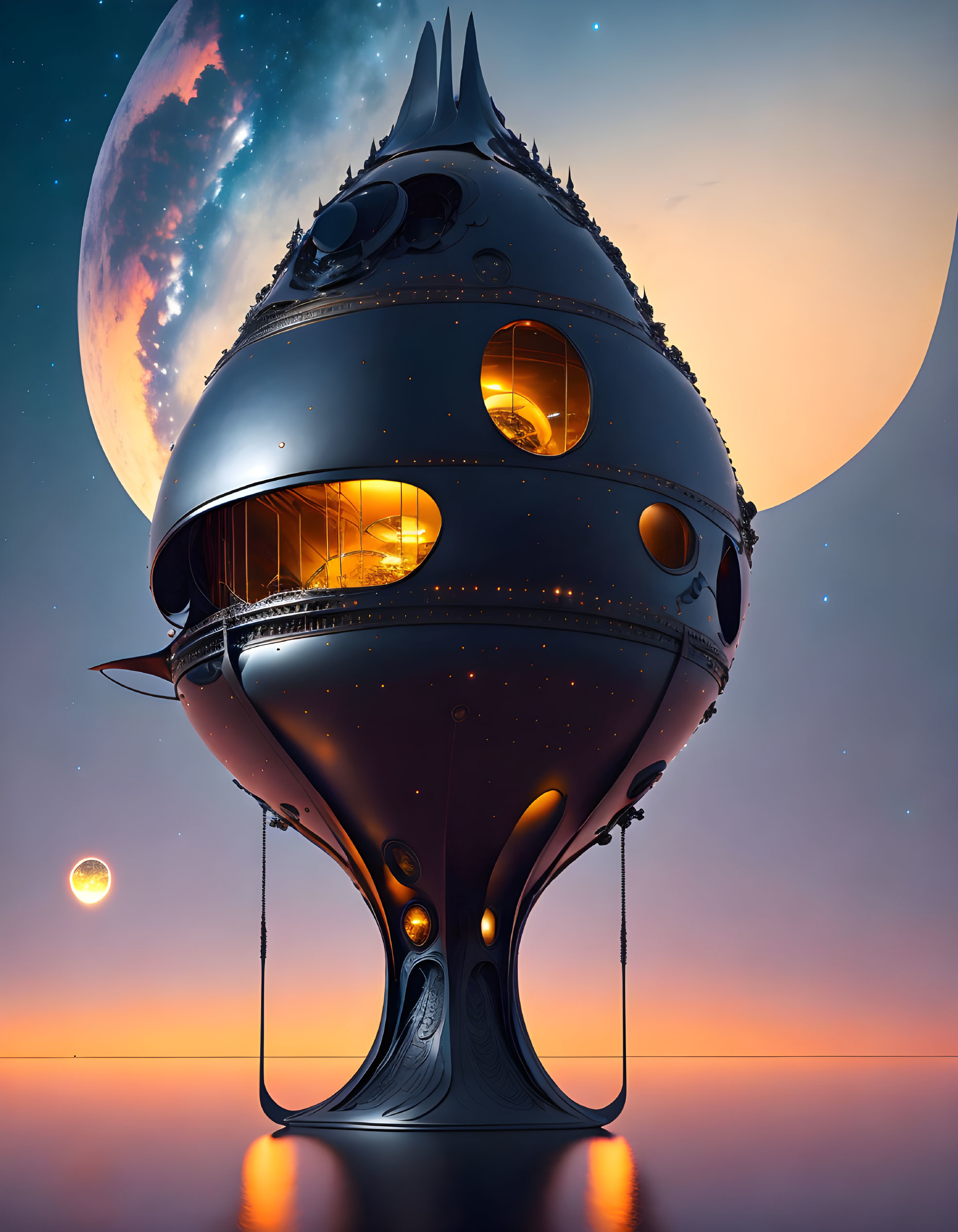 Futuristic onion-shaped spaceship in cosmic scene