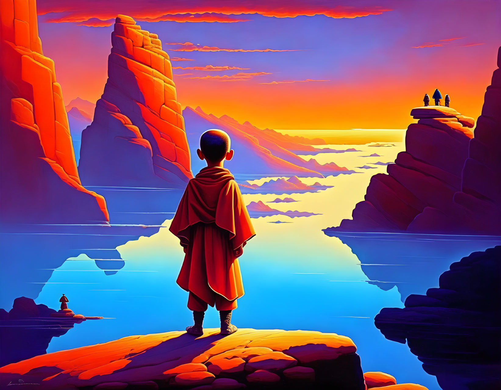 Monk in red robe on rocky outcrop gazes at serene lake sunset