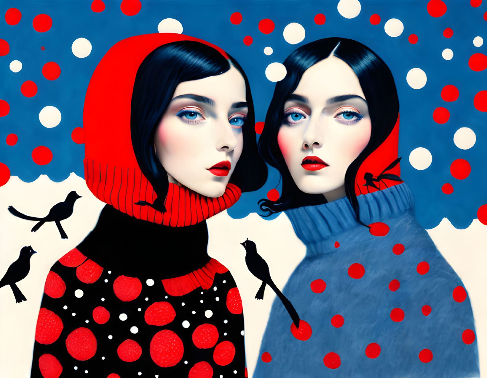 Two women with blue eyes and bob haircuts in red and blue outfits, surrounded by blackbirds and