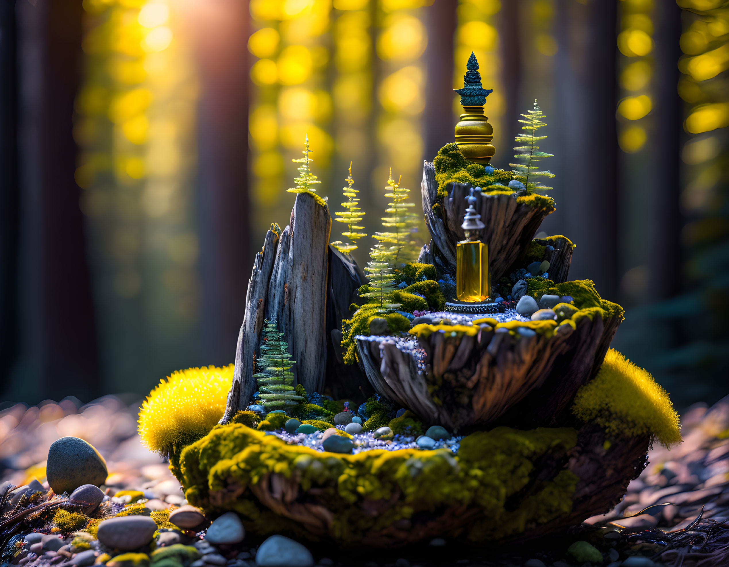 Tranquil mossy landscape with golden pagoda in warm forest setting