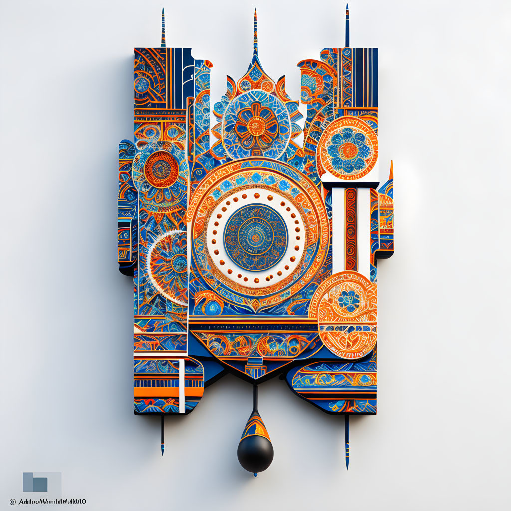 Intricate Blue and Orange Geometric Mandala Wall Art