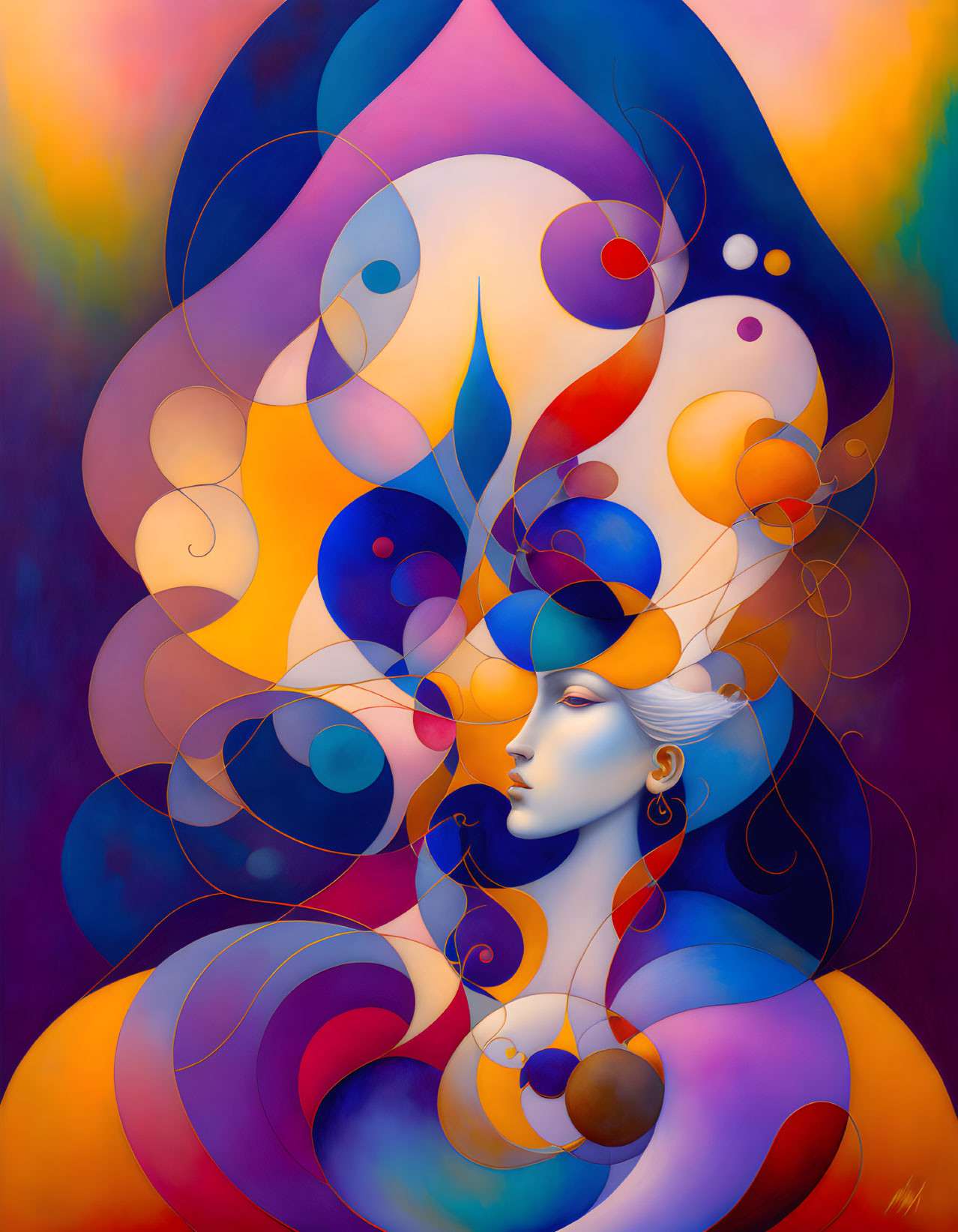 Abstract painting: Serene blue female figure with flowing shapes in warm colors