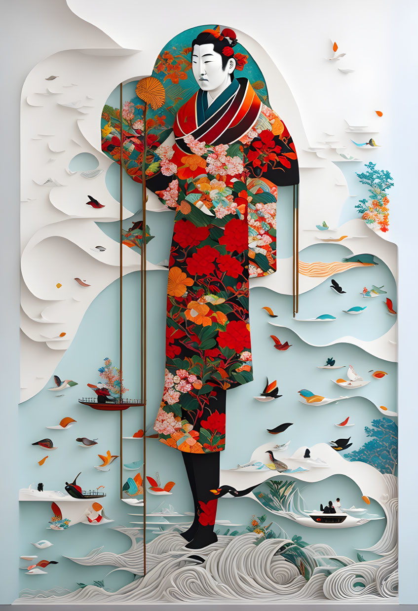 Colorful Traditional Japanese Artwork Featuring Floral Patterns and Nature Elements