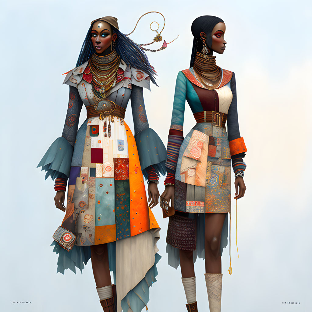 Stylized digital art: Female figures in intricate, colorful clothing and jewelry