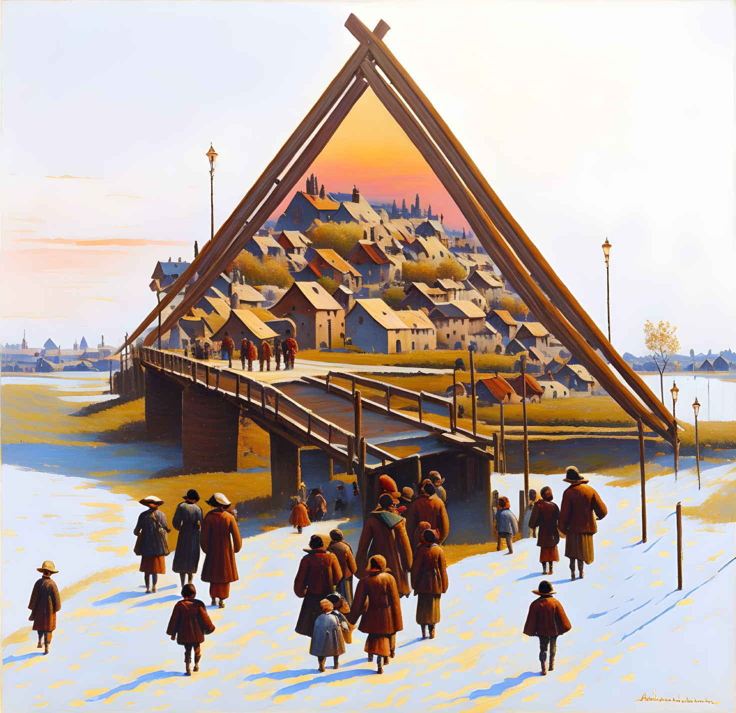 Vintage Attired Figures Admiring Impossible Structure in Triangle Perspective