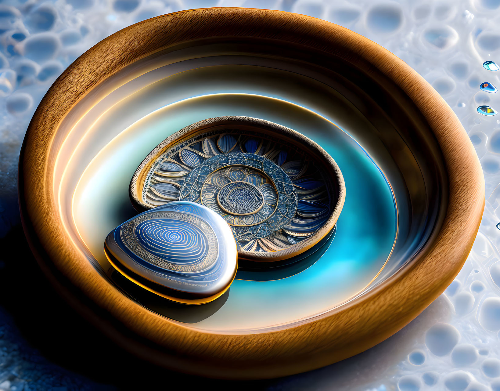 Concentric Rings in Wooden Bowl with Blue Liquid and Bubbles