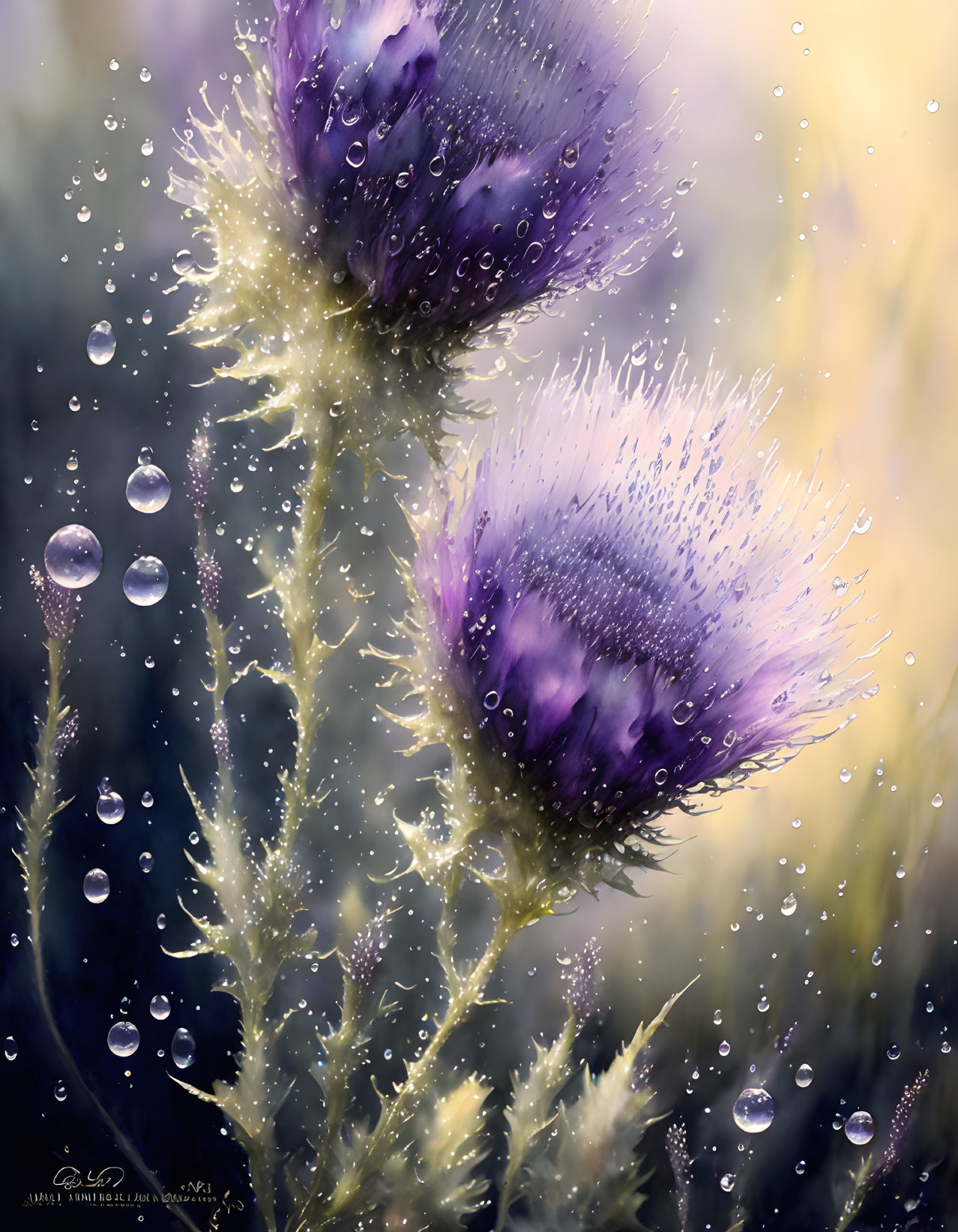 Purple thistles with dew drops on soft background.