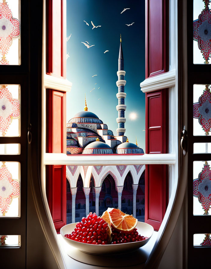 Grand mosque with minarets at dusk, birds flying, pomegranate seeds and oranges on