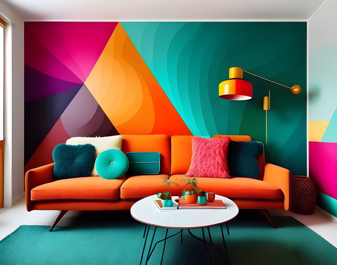 Colorful Geometric Wall Design in Vibrant Living Room