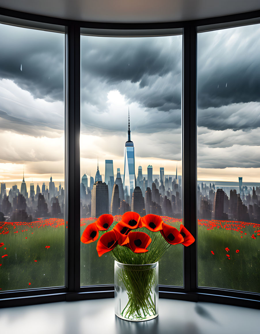 Red poppies vase on window ledge overlooking stormy city skyline through panoramic window