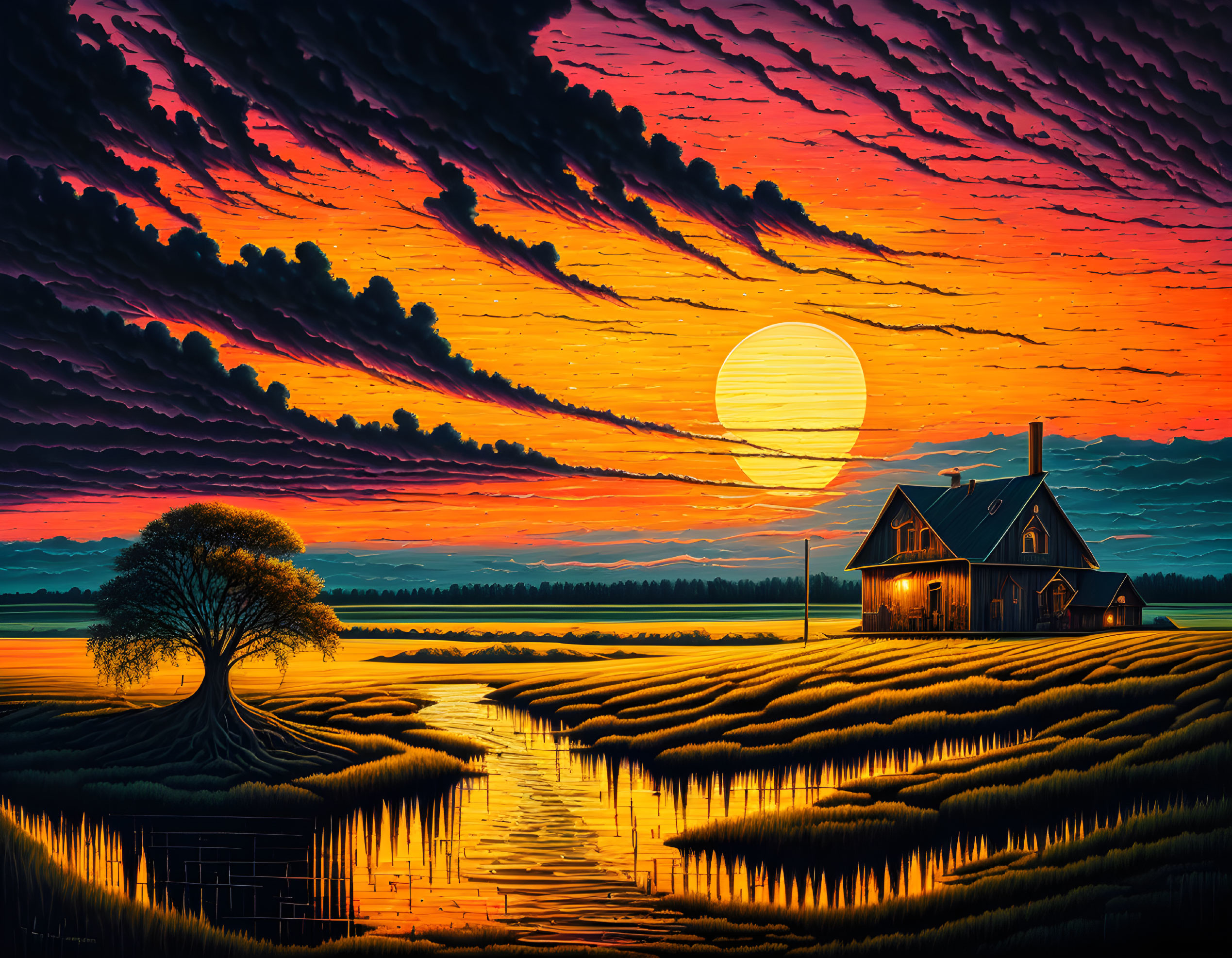 Colorful sunset painting with clouds, house, tree, field, and water reflection