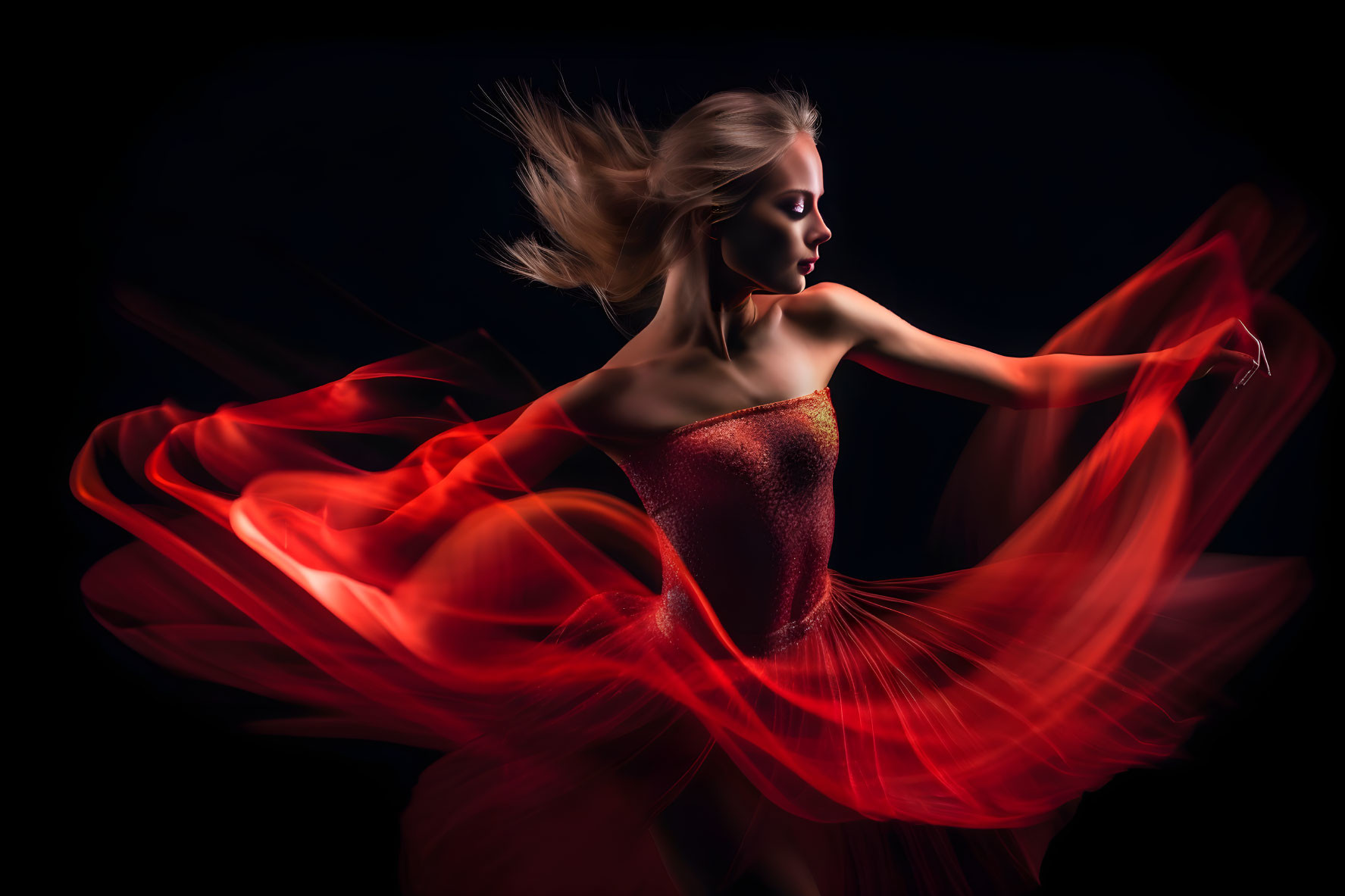 Blonde dancer in red dress with flowing fabric on dark background