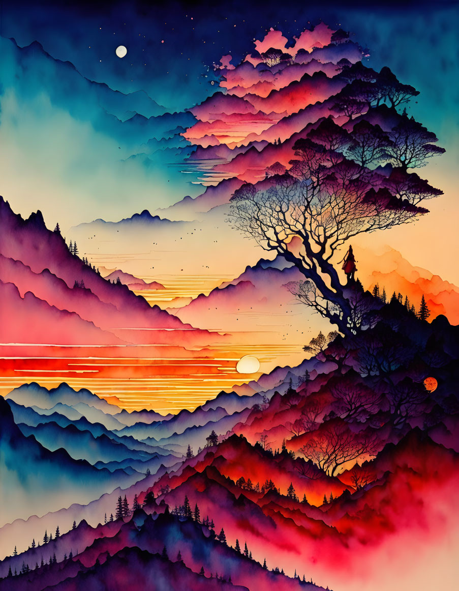 Vibrant mountain landscape with tree silhouette at dusk